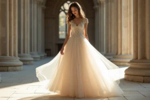 Robe de mariée en tulle ivoire à plusieurs couches dans une église en pierre, jeune mariée regardant vers le bas avec sérénité