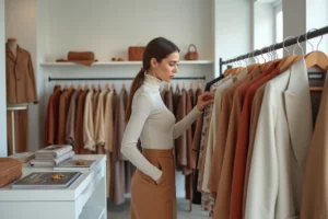 Femme parcourant les rubriques mode d'une boutique de vêtements tendance avec des collections variées