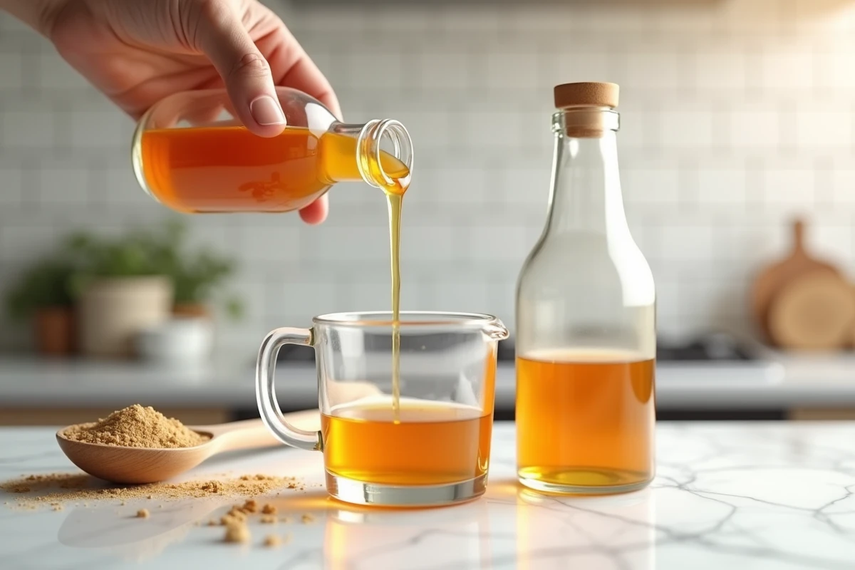 Sirop d'agave ambré versé dans un verre doseur sur un plan de travail en marbre blanc