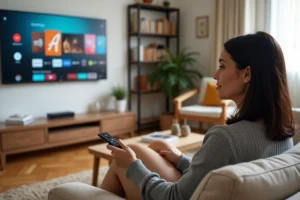Femme assise dans un salon moderne regardant une Smart TV Thomson affichant une interface de streaming