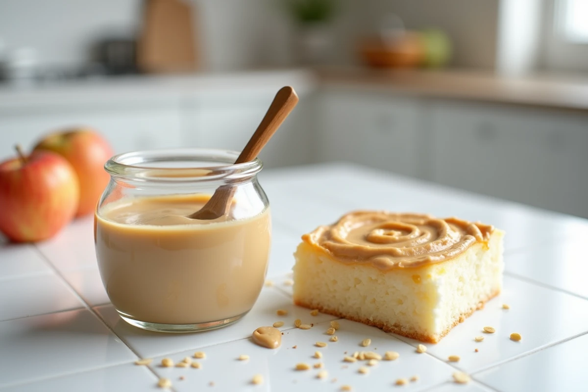 Pot de tahini avec une cuillère en bois posé à côté d'une tranche de gâteau yaourt pomme
