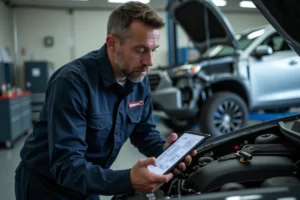 Technicien automobile consultant les données d'atelier HaynesPro WorkshopData sur une tablette dans un garage professionnel