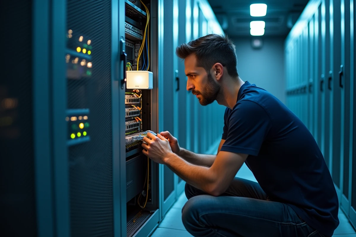 Technicien IT examinant un point d'accès Wi-Fi et des câbles réseau dans une salle de serveurs professionnelle