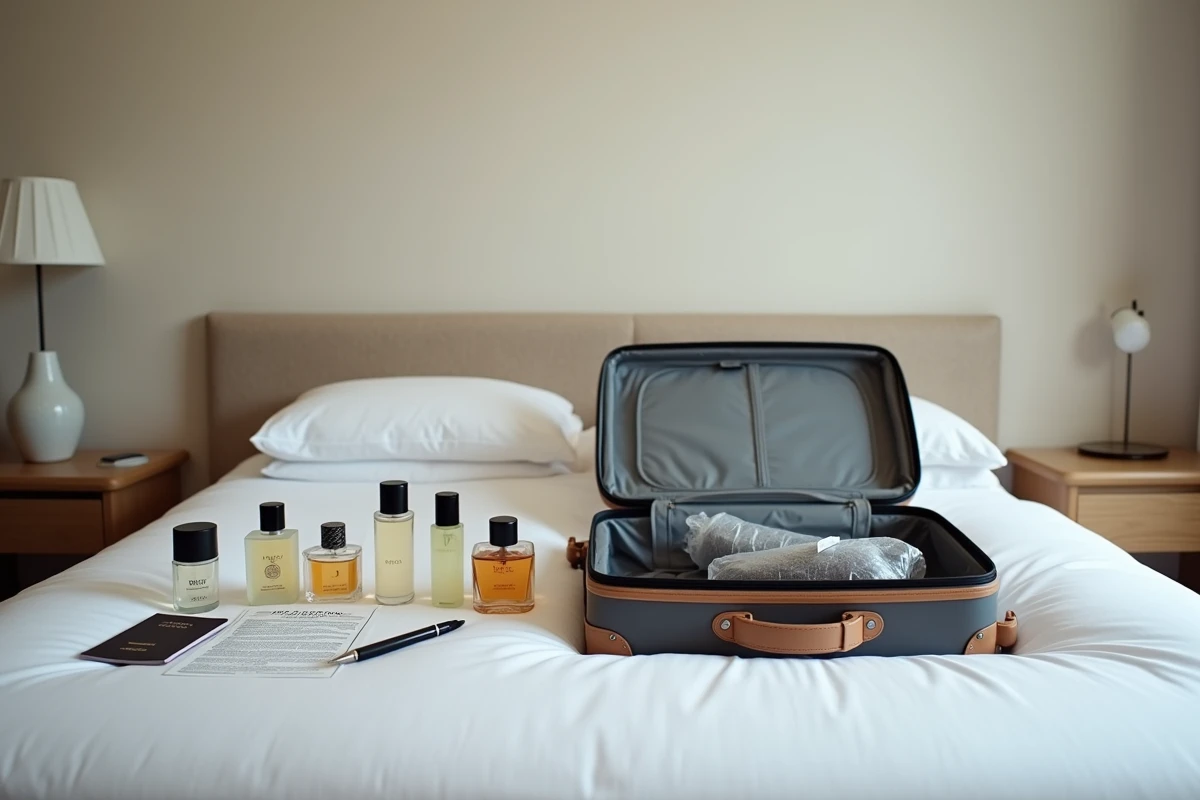 Valise ouverte avec des flacons de parfum et des documents douaniers pour un retour d'Espagne