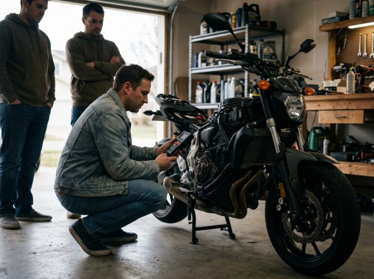 Homme vérifiant la batterie d'une moto dans un garage avant de la prêter à un ami