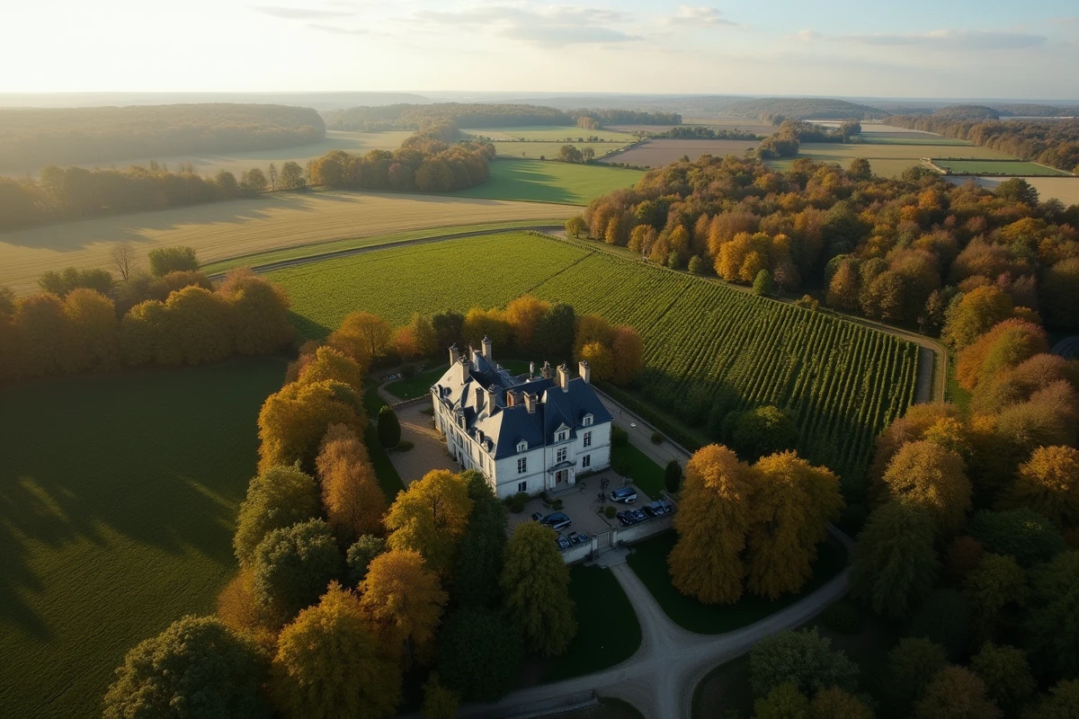 Luftaufnahme eines großen französischen Grundstücks mit Wäldern, Weinbergen und historischem Herrenhaus im Val de Loire