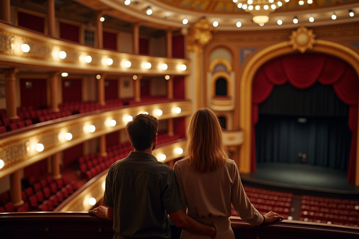 Couple au premier balcon du Théâtre Mogador admirant la vue sur la salle et la scène du spectacle Le Roi Lion