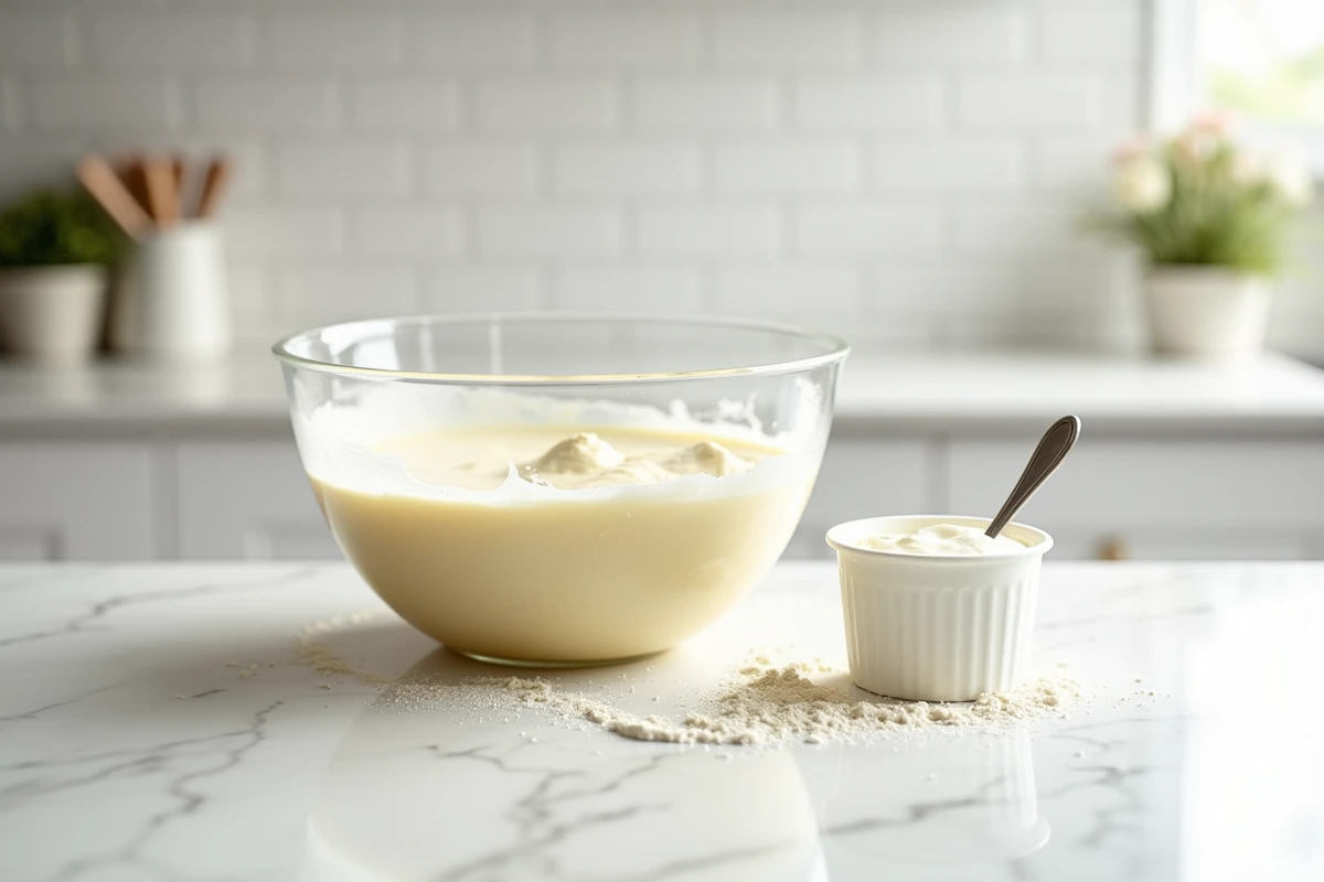 Bol de pâte à gâteau avec un pot de yaourt grec à côté, substitut à l'huile sur un plan en marbre