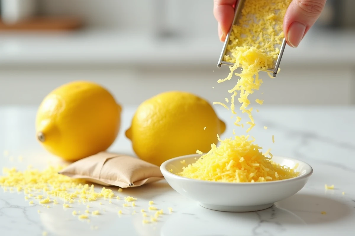Zestes de citron râpés dans un ramequin à côté d'un sachet de sucre vanillé sur marbre blanc